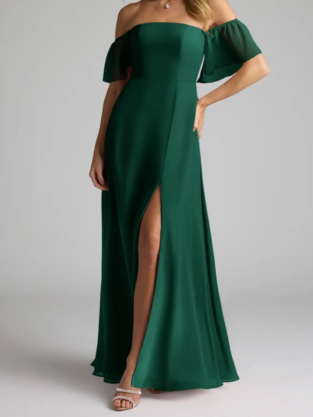Azazie Sue Emerald Off-Shoulder Evening Gown with High Slit